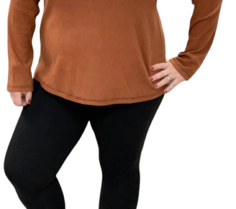 Ribbed Henley Top In Cognac Hot Trends