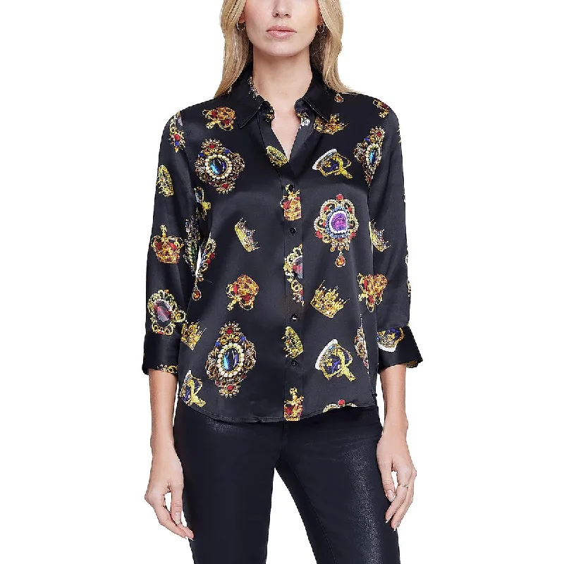 Womens Printed Collared Button-Down Top Trendsetting Threads