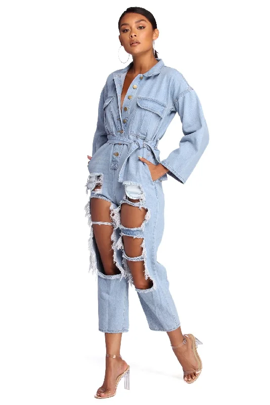 Feeling Fierce Distressed Denim Jumpsuit Sale Event, Prices Rock