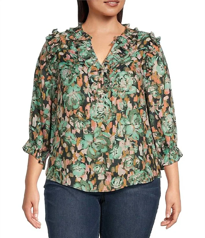 Woven Floral Top - Plus In Black/frosty Mint Multi Save Big