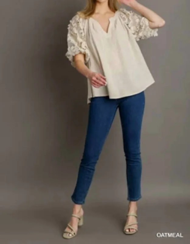 Floral Lace Sleeve Shirt In Beige Vibrant Femme Fashion