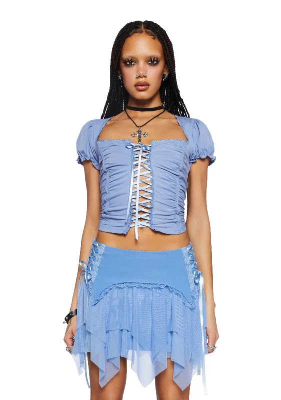 Soft Girl Era Lace Up Top- Blue Exclusive Sale