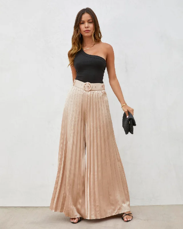 True Elegance Satin Pleated Belted Wide Leg Pants Urban Femme Streetwear