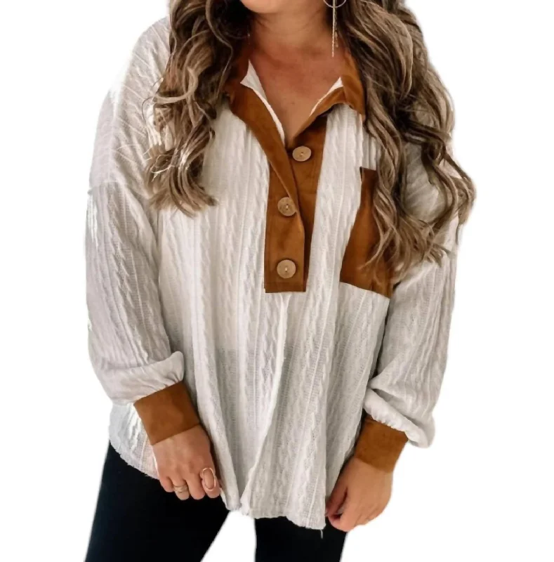 Contrast Suede Top In Tan/white Evening Elegance