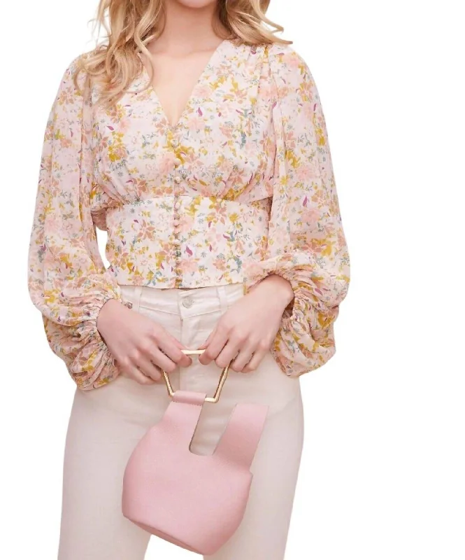 Volume Sleeve Floral Top In Pink Romantic Detailing