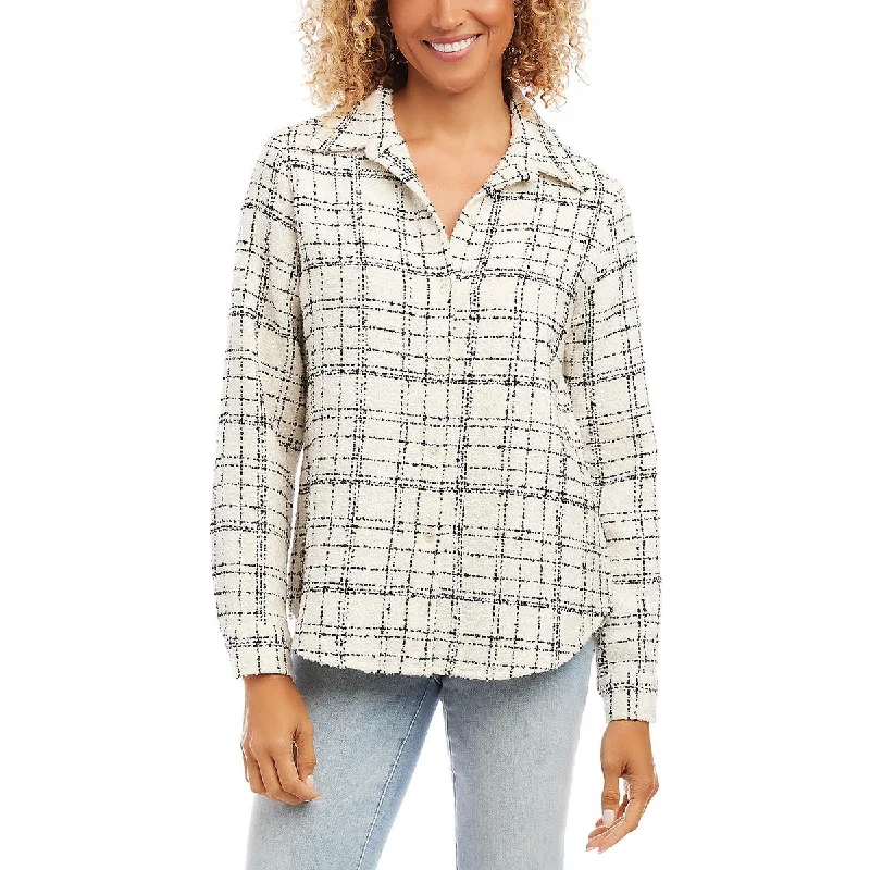 Womens Tweed Plaid Button-Down Top Feminine Soft - Hued Styles