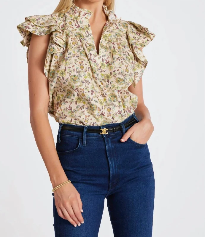 Margarita Poplin Top In Aster Natural Print New Arrivals