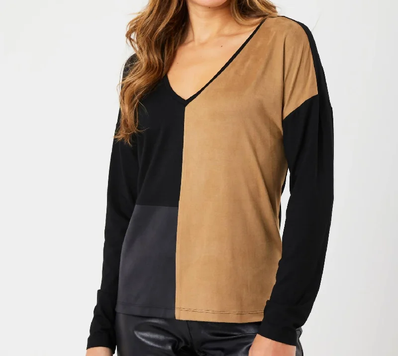 Two Tone V-Neck Top In Black/sand Additional Time-Limited Offers