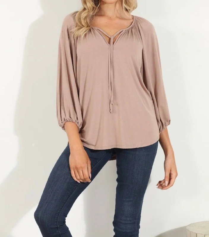 Cupro Stretch Split Neck Top In Camel Trendy Attire For Her