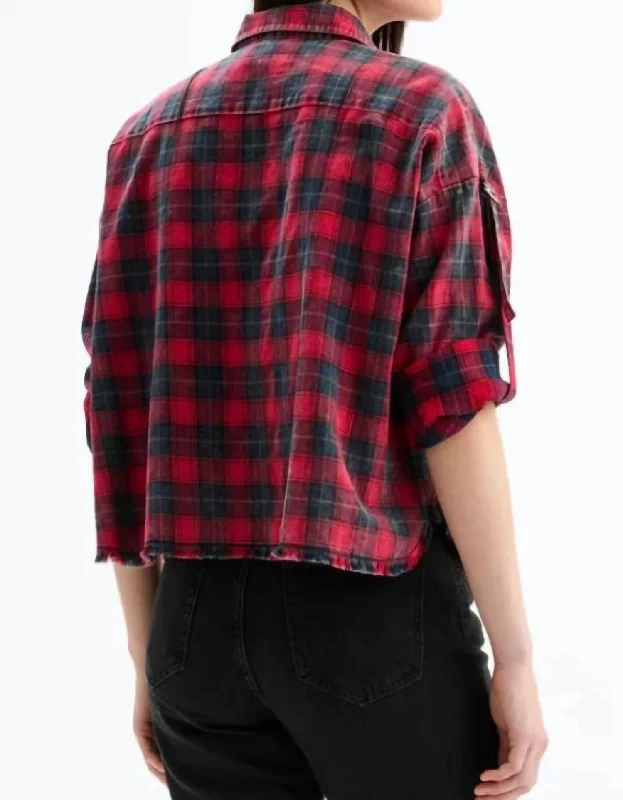 Jojo - Rolled Up Sleeve Plaid Shirt In Black/grey/red Plaid Odd Size Clearance Sale