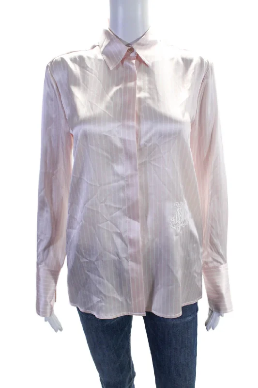 DMN Paris Womens Button Front Collared Striped Silk Shirt Pink White Exclusive Discount