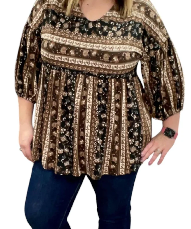 Floral Abstract Babydoll Top In Mocha Trendy Street Style Attire