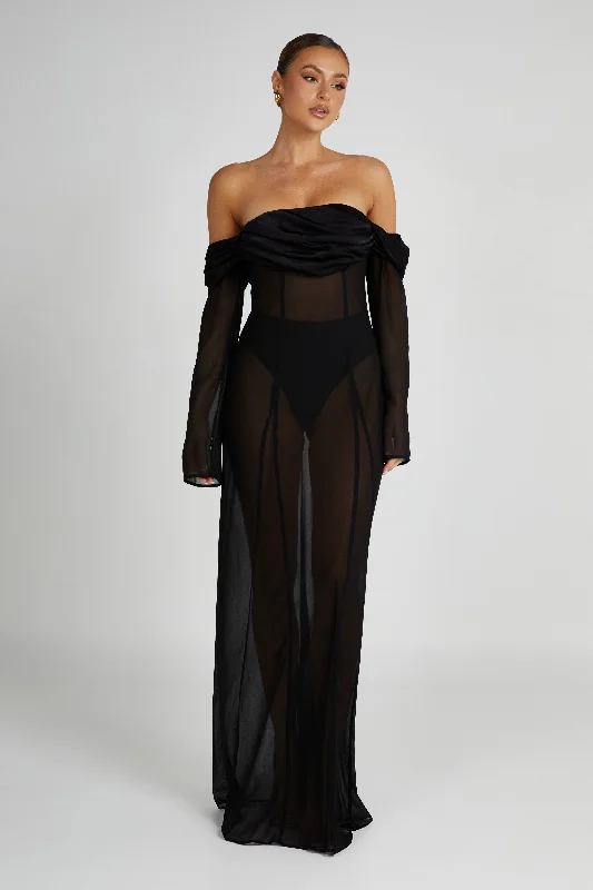 Ivanna Off Shoulder Chiffon Maxi Dress - Black Hurry Before It's Gone