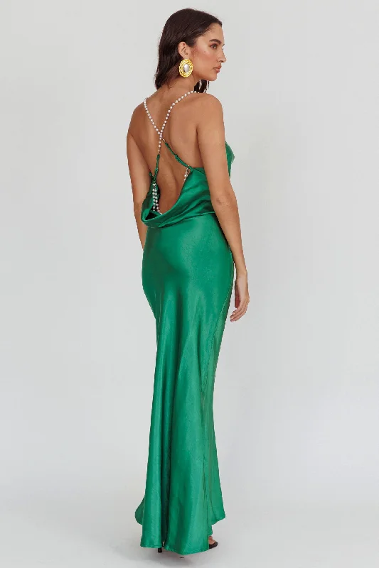 Danijela Cowl Neck Pearl Satin Maxi Dress Emerald End Of Season Sale