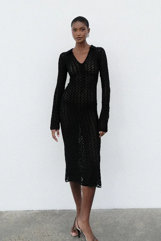 Dionne Lace Long Sleeve Midi Dress - Black Final Clearance