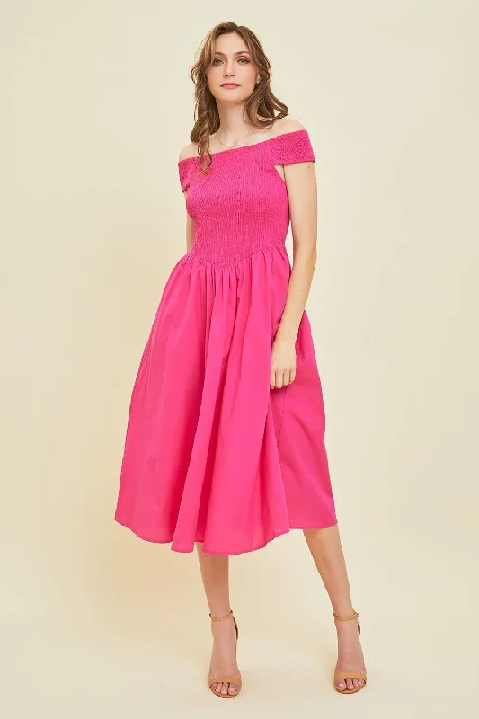 Off-Shoulder Smocked Midi Dress Quality Driven Apparel