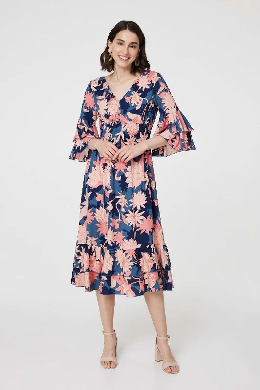 Floral 3/4 Sleeve Ruffled Midi Dress Latest Fashion