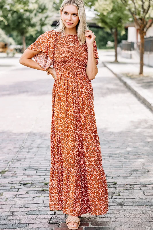 Take A Guess Rust Orange Ditsy Floral Maxi Dress Vintage Inspired Fashion Sale