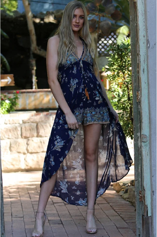 Spaghetti Strap Halter Maxi Romper, Blue Trendy Threads