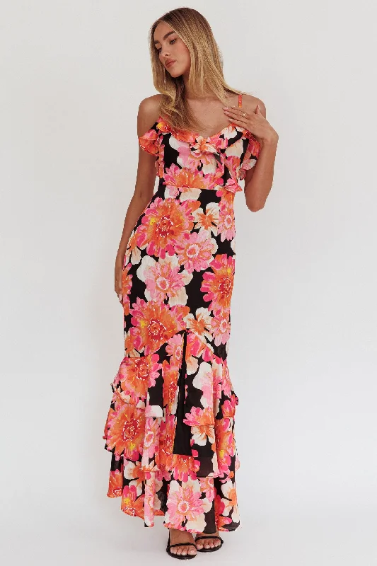 Silvana Frill Trim Maxi Dress Black/Pink Budget Saver