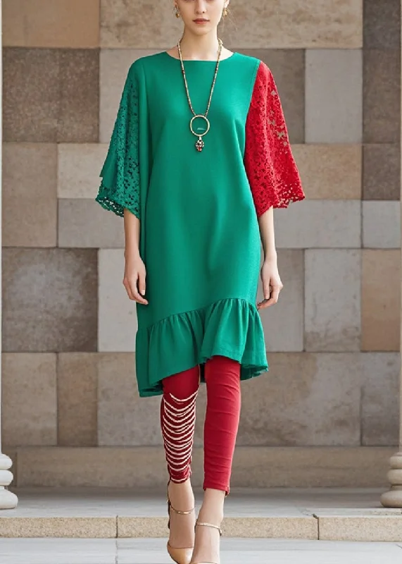 Bohemian Green Ruffles Patchwork Lace Dresses Fall Limited Stock