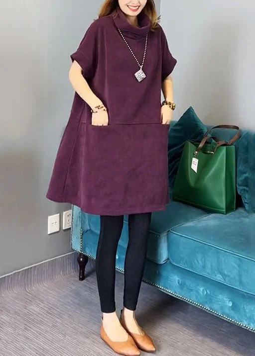 New Purple Turtleneck Pockets Cotton Mid Dress Short Sleeve Vintage Elegance