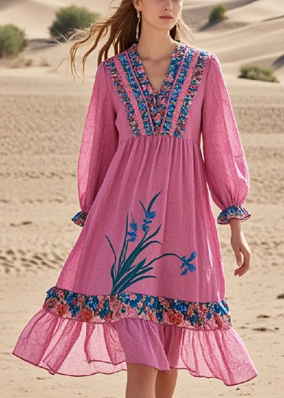 Chic Pink Ruffled Patchwork Cotton Tea Dress Spring Latest Fashion