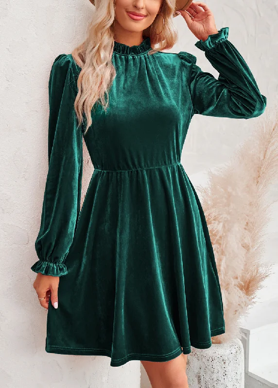 Chic Blackish Green Ruffled Patchwork Velvet Mid Dress Fall Artful Design