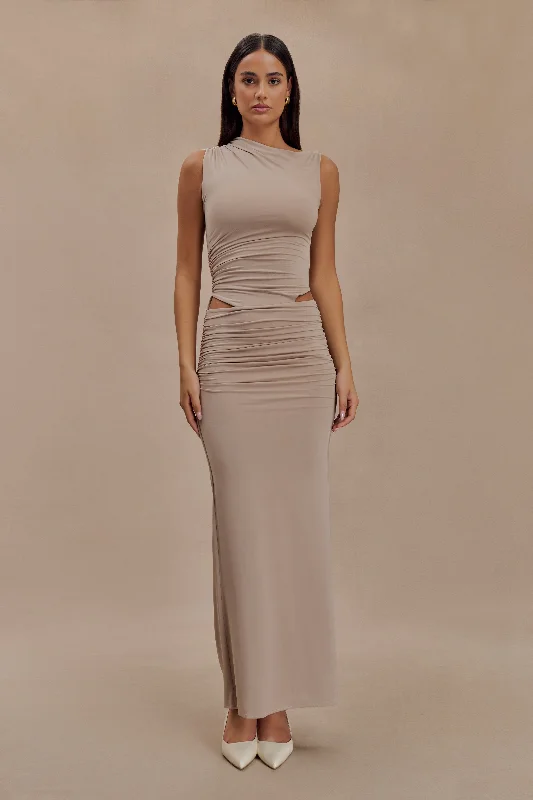 Kaia Slinky Cut Out Maxi Dress - Taupe Trendy Street Style