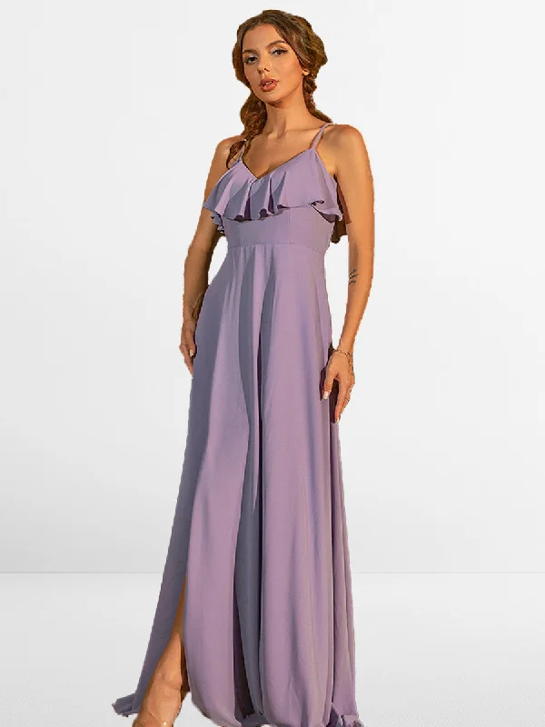 2025 Purple Chiffon Ruffle Bridesmaid Dresses Sleeveless V Neck Casual Fashion