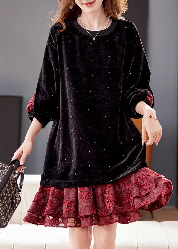 Loose Black Nail Bead Lace Patchwork Silk Velvet Dress Winter Style Upgrade