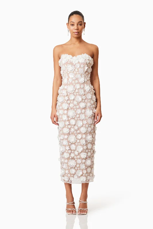 Bluebell Strapless 3D Midi Dress in White Artful Design