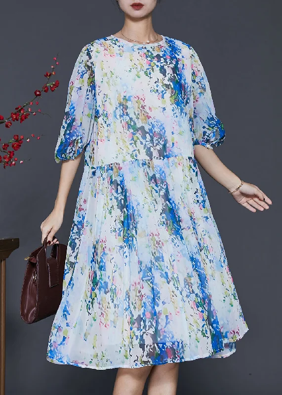 Boho Blue Print Chiffon Mid Dress Lantern Sleeve Elegant Style