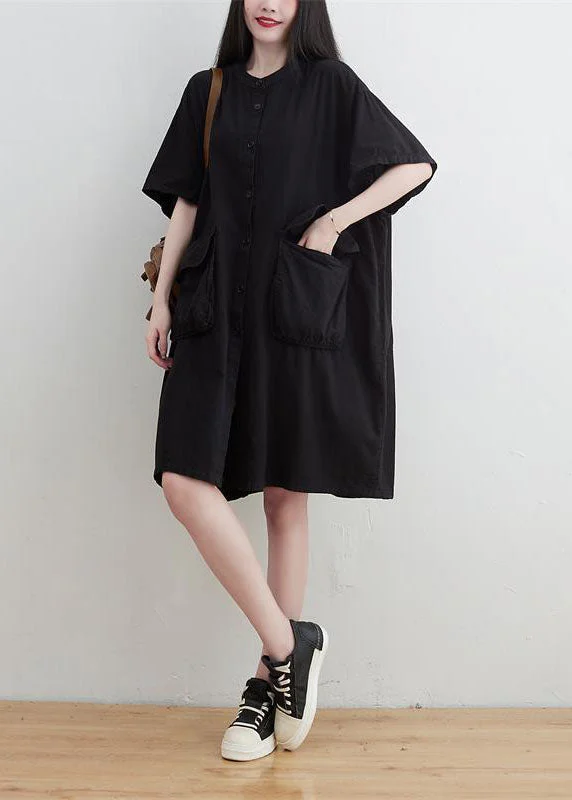 Plus Size Black O-Neck Pockets Button Linen Dresses Short Sleeve Exquisite Craftsmanship