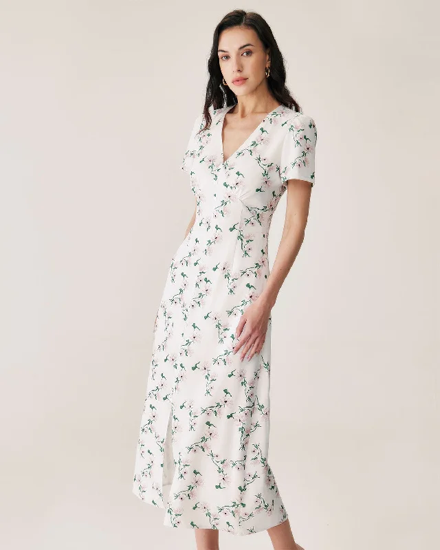 White Floral V-Neck Maxi Dress Trend Forward Threads For Her