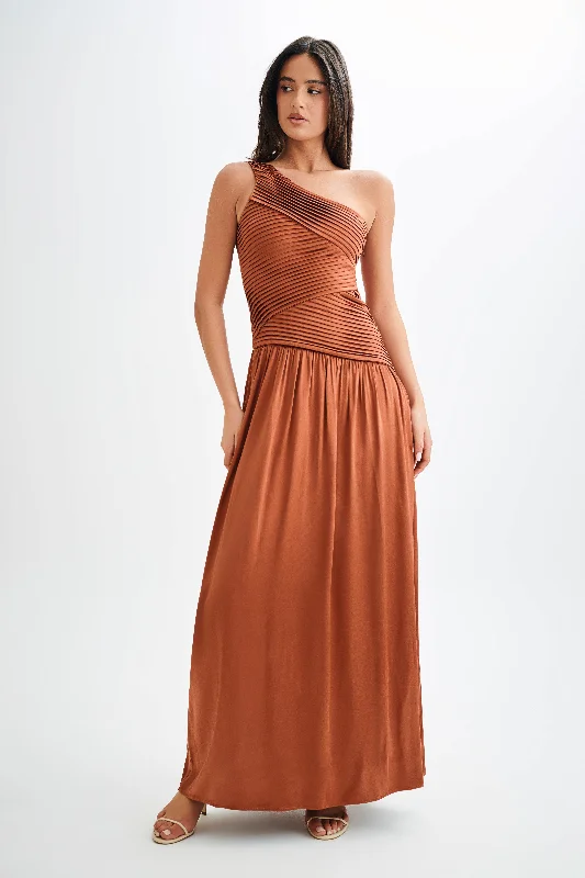 Jenna One Shoulder Pleated Maxi Dress - Wood Chic Everyday Wear