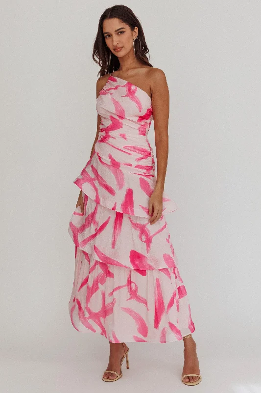 Kenny One Shoulder Tiered Maxi Dress Print Pink Ends Soon