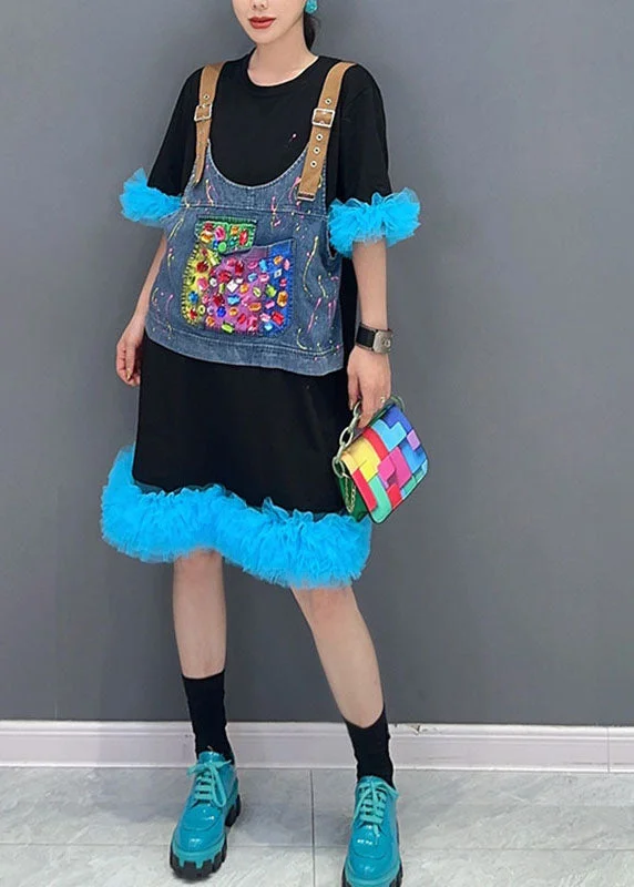 Unique Black Patchwork Blue O-Neck Tulle Mid Dresses Summer New Arrivals