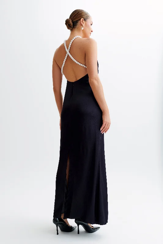 Blanche Satin Pearl Halter Maxi Dress - Black Hot Brand Discounts