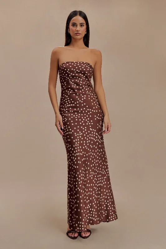 Claudette Strapless Satin Maxi Dress - Brown Polka Dot Print Y2K Nostalgic Fashion Look