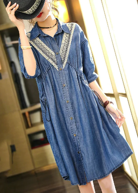 French Blue Embroideried Patchwork Lace Denim Dress Summer Parisian Effortless Chic Style