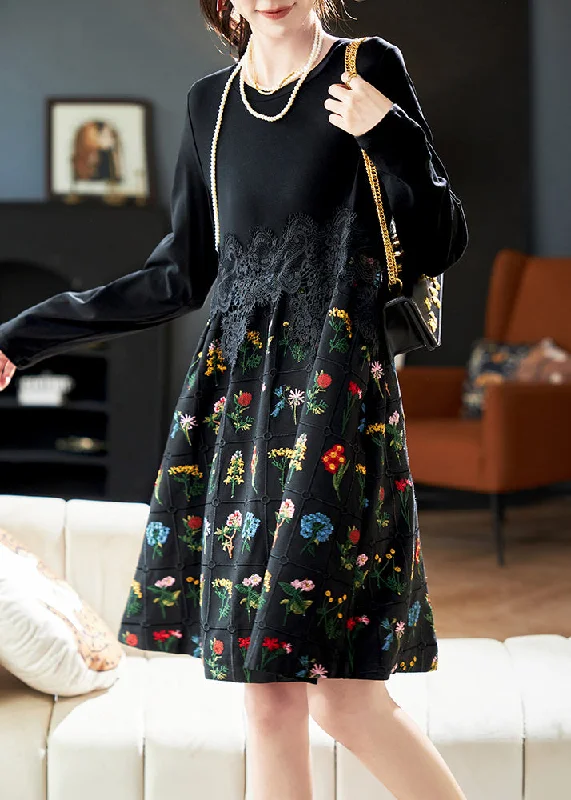 Fashion Black Embroidered Lace Patchwork Cotton Dress Spring Elegant Simplicity Wardrobe