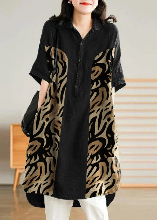 Jade  black leopard print Linen Women Casual Linen Shirt Dress Casual Fashion