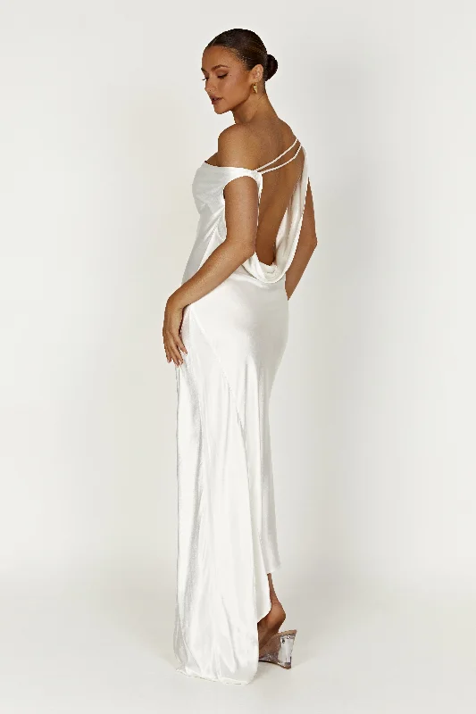 Yvette Slip Maxi Dress With Asymmetrical Hem - White Holiday Attire Sale