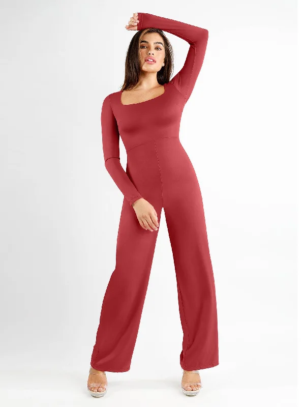 Shapewear Long Sleeve Square Neck Slimming Wide Leg Jumpsuit Statement Piece