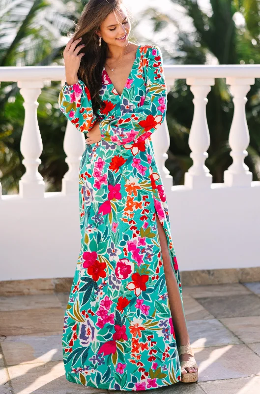 Just Feels Right Teal Blue Floral Maxi Dress Chic Trends For The Fashion Savvy