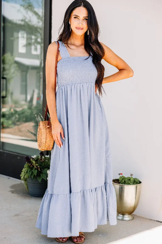 Easy Love Light Slate Blue Smocked Maxi Dress Elegant Contour