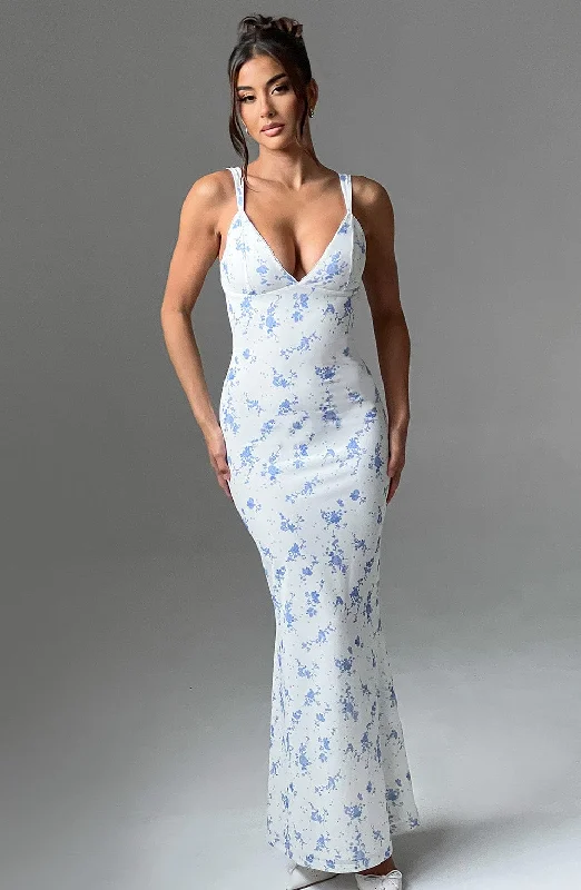 Caoimhe Maxi Dress - Blue Ditsy Print Elegant Details