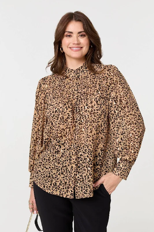 Animal Print High Neck Loose Fit Blouse Classic Timeless Elegant Style