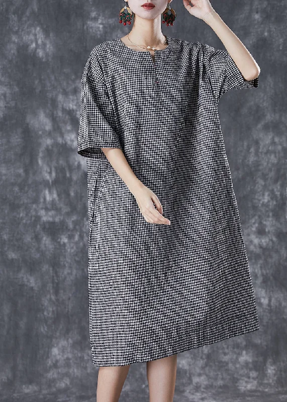 Plus Size Black Oversized Plaid Cotton Maxi Dresses Summer Effortless Everyday Wear